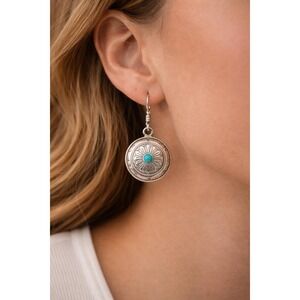 925 Silver Concho Earrings Kingman Turquoise Vintage Sunburst  Southwestern